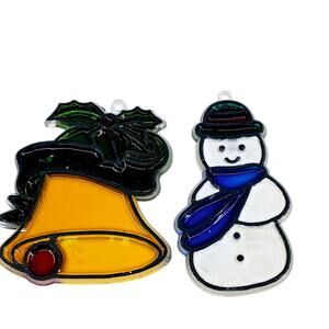 Lot of 2 Vintage Suncatcher Christmas Tree Ornaments Bell Snowman 3.5" Plastic